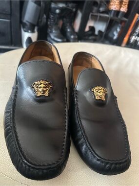 Versace Black Leather Loafers with Gold Medusa Emblems 13